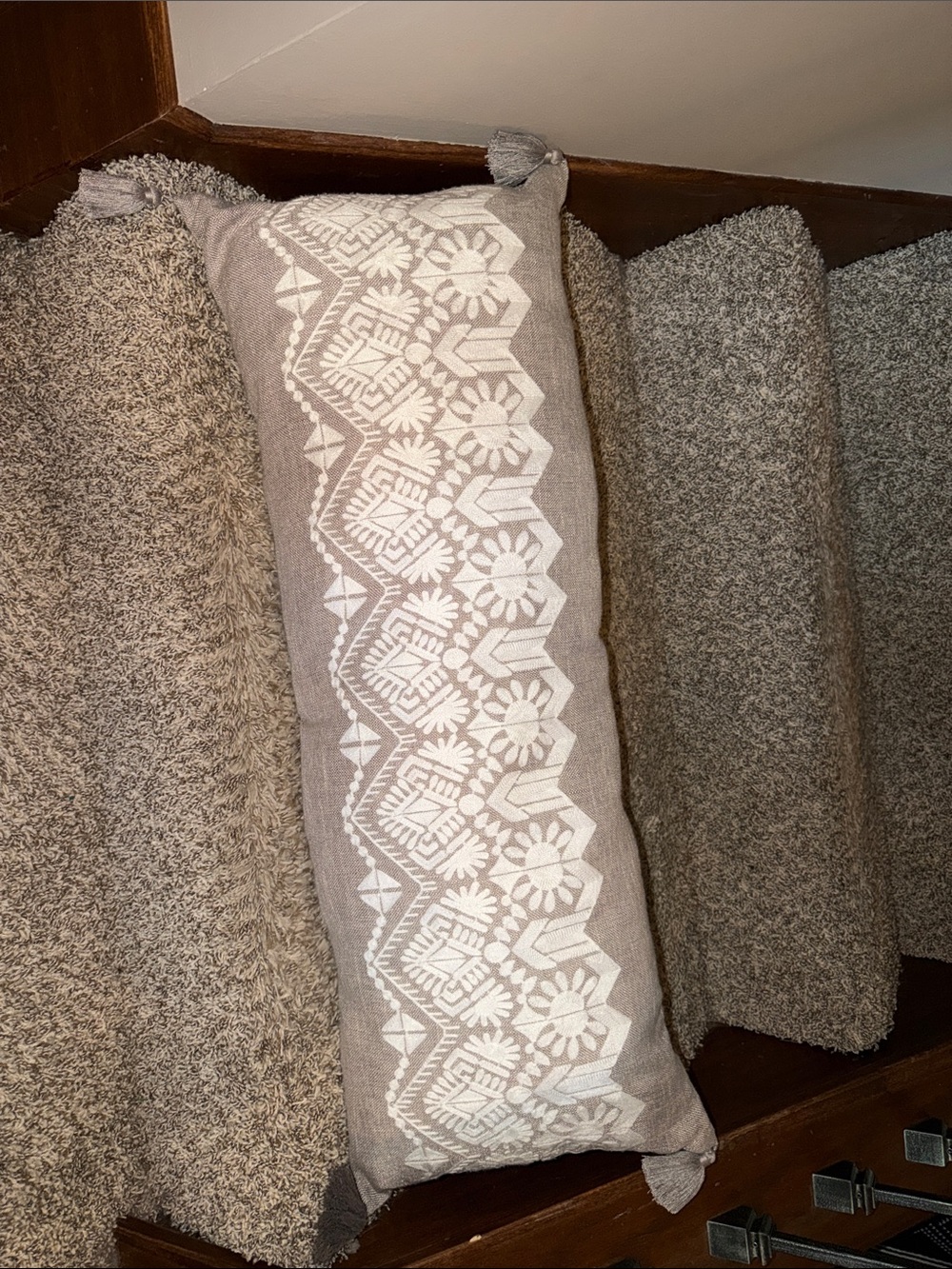 Neutral Embroidered Lumbar Pillow with Tassels